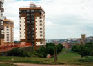 Martin Street Flats from the entrance to the Ponderosa, Oxford Street with St. Stephens Church, Netherthorpe in the background right