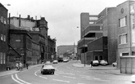 View: t04102 Exchange Brewery (left) and Magistrates Court (right), Bridge Street looking towards Park Hill Flats