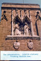 Carved detail, St. Marie's Roman Catholic Cathedral, representing the Annunciation above the door at the corner of Norfolk Row and Norfolk Street with coats of arms of Pope Leo XIII and Duke of Norfolk below