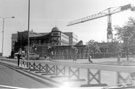 View: t04442 Crucible Theatre under construction from Arundel Gate with the Lyceum Theatre in the background