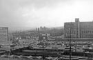 Elevated view of Sheffield Midland railway station (foreground); Sheaf House (left); Sheaf Square and Sheffield Polytechnic (right