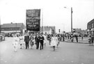 Congregation marching with Darnall Congregational Church Sunday School banner, Darnall 