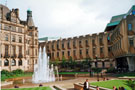 Fountain, Peace Gardens with the Town Hall and Extension (known as the Egg Box (Eggbox)) in the background