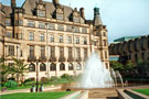 Fountain, Peace Gardens with the Town Hall and Extension (known as the Egg Box (Eggbox))  in the background