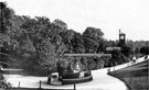 View: t04916 Firth Park, drinking fountain and duck pond with the clock tower pavilion in the background