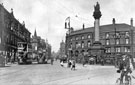 Crimean Monument, Moorhead looking towards St. Paul's Church, Pinstone Street with the Public Benefit Boot Co. in the background