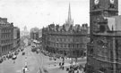 Elevated view of Albany Hotel, Yorkshire Penny Bank and Fargate showing (right) Town Hall 