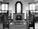 Fireplace and settles used for Story Hours, Junior Library, Woodhouse Branch Library, Tannery Street