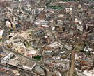 Aerial view of City Centre, prominent roads includ Arundel Gate (including Millennium Galleries, Winter Garden, Lyceum and Crucible Theatres and Central Library), Norfolk Street, Pinstone Street, High Street, Fargate and Church Street