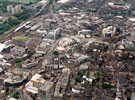 Aerial view of City Centre, prominent roads in foreground include (l. to r.), Arundel Gate, High Street, Fargate, Church Street and Campo Lane, Sheffield Midland railway station and Pond Street bus station in background, left