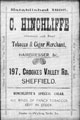 Advertisement for C. Hinchliffe, tobacco and cigar merchant, No. 197 Crookes Valley Road