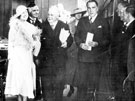 View: u02191 Royal visit of Elizabeth, the Duchess of York, as she arrives to officially open Central Library and Graves Art Gallery. Group includes Lord Mayor, Fred Marshall, behind the Duchess, and Joseph Percy Lamb, City Librarian 1929-1956, right