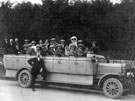 Sheaf Market Association on a day trip to Derbyshire. Durham Churchill charabanc. Reg. No. W3661. Driver Ernest Kent, standing