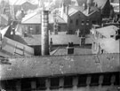 Elevated view from roof of Central Library, looking towards Norfolk Street. Roof of John Round and Son Ltd, Tudor Works, Tudor Street, foreground. Rear of Sheffield Savings Bank (behind chimney) and Hay and Son Ltd., Wine Merchants (fronting Norfolk 