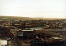 Elevated view of Harrow Street leading to Napier Street with Cemetery Road Baptist Church and Sunday School; Renton Street and former S.H.Ward and Co. Ltd., Sheaf Brewery (extreme right) looking towards Flats in Little Sheffield 