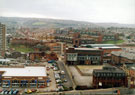 Elevated view of Harrow Street leading to Napier Street with Cemetery Road Baptist Church and Sunday School; Renton Street and former S.H.Ward and Co. Ltd., Sheaf Brewery (extreme right) looking towards Flats in Little Sheffield v