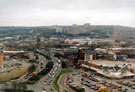 Elevated view of Moor Foot roundabout looking towards St. Mary's Church, Bramall Lane and Norfolk Park Flats with Safeway Supermarket and car park right 