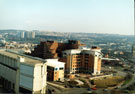 Elevated view of Moor Foot roundabout with Electricity Sub Station left; Learn Direct; Manpower Service Commission Building (red brick) and H.M. Revenue and Customs, Concept House (centre)