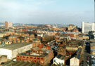 Elevated view of ( l to r bottom) Egerton Street; Edward Pryor and Son Ltd., marking equipment; Egerton Lane; Sykes Works; Beehive Works; Eye Winess Works, Milton Street at the junction with Headford Street  