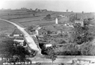 Elevated view of Rivelin Valley Road (bottom) and Hollins Lane at Hollins Bridge, River Rivelin with Hollins Bridge Corn Mill (Riverlin Bridge Wheel) left; Holly Bush Inn (centre) and Hollins Farm (left) 