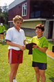 Stacy Kingword receiving the U/21 National Champions Rounders Trophy from Alison Howard, National Rounders Association 