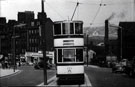 Tram No. 202 on Angel Street. Snig Hill and Corporation Buildings in background, Buildings on right, in background, are Duncan Gilmour's, Lady's Bridge Brewery, Water Lane