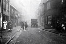 Scotland Street from outside Norfolk Works. The buildings on the left were between No. 126, New Turk's Head and No. 114, Old Turk's Head. Entrance to Court 21, right (behind cottages)