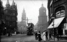 View: v00293 Pinstone Street, looking towards St. Paul's Church and Town Hall, premises on left include Nos. 60 - 62 Stewart and Stewart, tailors and Sheffield Cafe Co., Wentworth Cafe