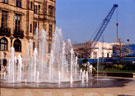 Peace Gardens fountain with Central Library in background after demolition of Town Hall Extension (known as the Egg Box (Eggbox))