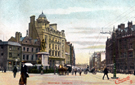 Queen Victoria Memorial, Town Hall Square looking towards Fargate, properties on left include Bank Chambers, Albany Hotel, right