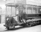 Accident damaged Corporation Tram, No. 117 outside Queens Road Works entrance