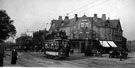 Tram No. 220 on Ecclesall Road at Hunter's Bar, No 669, Sheffield Banking Co. on corner, junction of Sharrow Vale Road. Points boys shelter on right