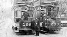 Trams Nos. 198 and 233 bound for Woodseats possibly taken at Page Hall; George Lindley is the driver on the left