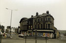 West Bar Traffic Island and junction with Corporation Street (right) showing  No. 94/96, Ellis Pearson and Co., glass bevellers, No. 100 Old Gaiety public house, (former Gaiety Theatre)