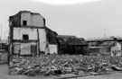 Site of the demolished Old Blue Ball public house (sign frame only remaining at the junction with Broad Street and Broad Street Lane with the Supertram Viaduct in the background