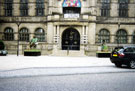 Floral Sculptures Mary the Buffer Girl and Sheffy Stan the Steelman outside the Town Hall