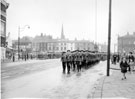 View: v03344 Wing Commander Ken A. Mummery, R.A.F. Norton leads his men after laying a wreath at the Barkers Pool War Memorial, Battle of Britain Sunday mid 1950's with properties on Cambridge Street in the background