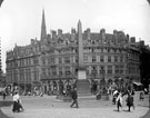 Queen Victoria's Jubilee Monolith, Town Hall Square. Fargate, left, Surrey Street, right. Carmel House and Albany Hotel in background