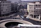 Elevated view of the Hole in the Road, Castle Square, looking towards Angel Street. Peter Robinson on right