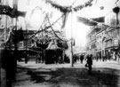 View: y00623 Royal visit of Queen Victoria, decorations in Barkers Pool, note the 'Iron Man' lavatory, centre, premises on right include Nos 4-6, Manchester Hotel and Water Company Offices (known as Cambridge House)