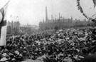 View: y00659 Crowds including Rotherham Volunteers at Sheaf Square, during the royal visit of King Edward VII and Queen Alexandra