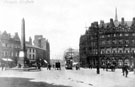 Town Hall Squre looking towards Fargate. Jubilee Monolith, left. Albany Hotel and Yorkshire Peeny Bank, right