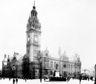 Town Hall and Queen Victoria Monument, Town Hall Square. Pinstone Street, right. Surrey Street, left