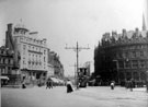 Town Hall Square looking towards Fargate. Jubilee Monolith and Bank Chambers, left. Tram No. 150, centre. Albany Hotel and Yorkshire Penny Bank, right