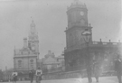 View: y02906 St. Paul C. of E. Church, Pinstone Street with the Town Hall in the background