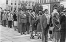 View: s28121 Crowds queueing outside the Cathedral for the Memorial Service for the loss of life aboard the Type 42 Class Destroyer HMS Sheffield destroyed in action during the Falklands War 1982