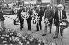 View: s28124 Representatives of five Naval organisations laying wreaths at the Memorial Service outside the Cathedral for the loss of life aboard the Type 42 Class Destroyer HMS Sheffield destroyed in action during the Falklands War 1982