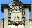 View: a01185 Victoria Hall, Norfolk Street, showing carved panel of the heads of John Wesley and his brother Charles.