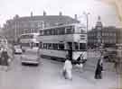 View: a01945 Tram Nos. 519 and 528 at Moorhead showing Newton Chambers, Newton House, (right) and The Nelson Hotel (centre)