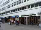 View: a03520 Shops and cafes on Fargate showing (r. to l.) Starbucks coffee (No.4); Greggs, bakers (No.6) and Hotel Chocolate (No.8)